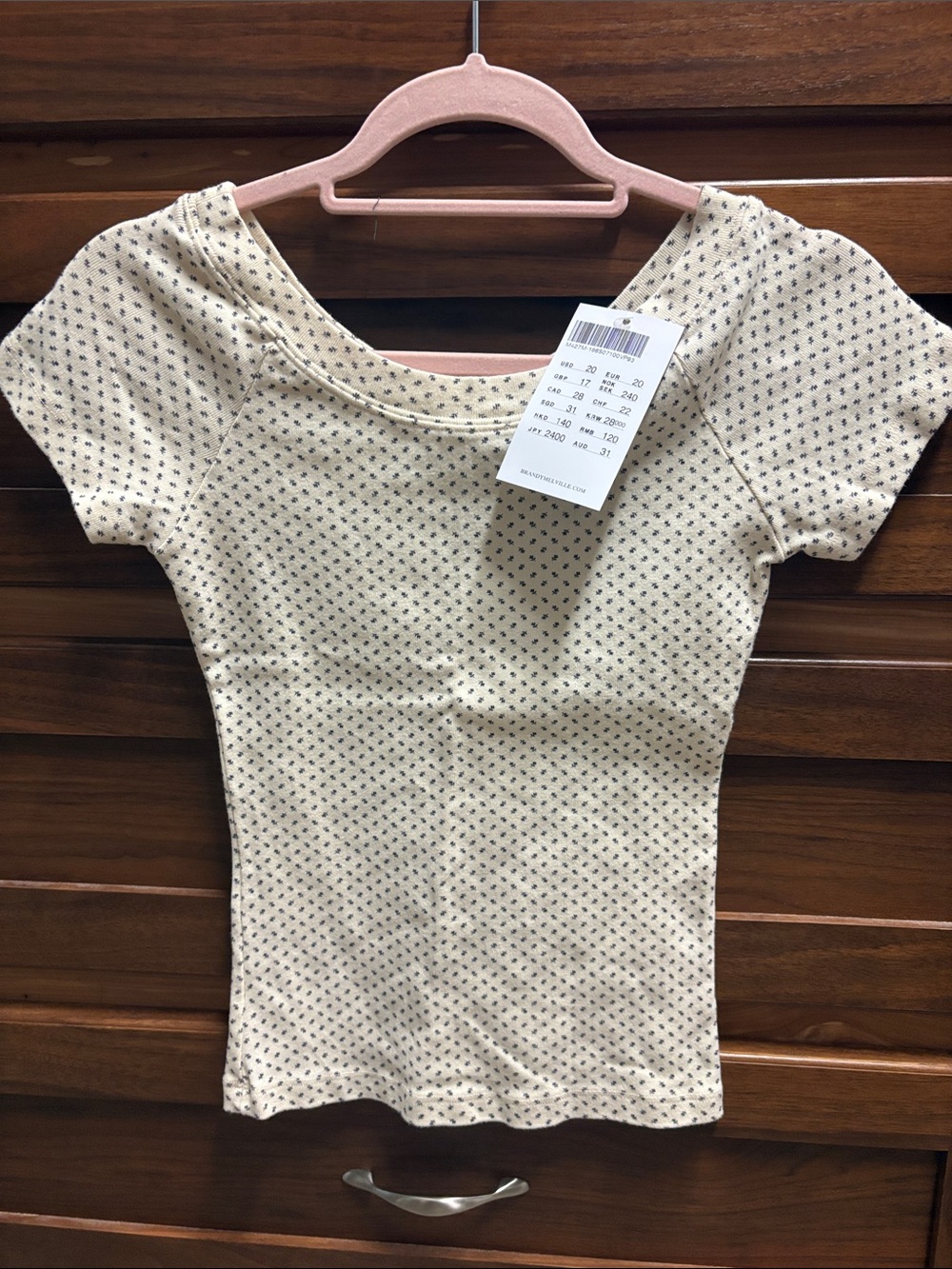 Brandy Melville NWT Light Yellow with Blue Flowers Short Sleeve Scoop Neck Top